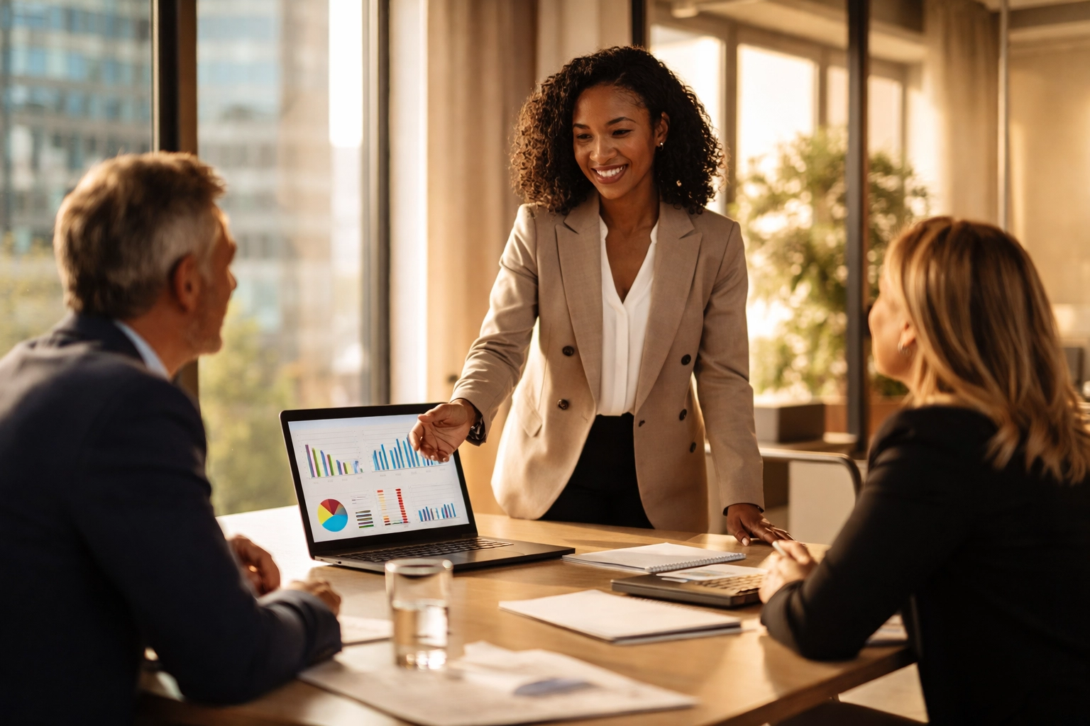 HR professional confidently presents creative wellness pitch to engaged executives in boardroom