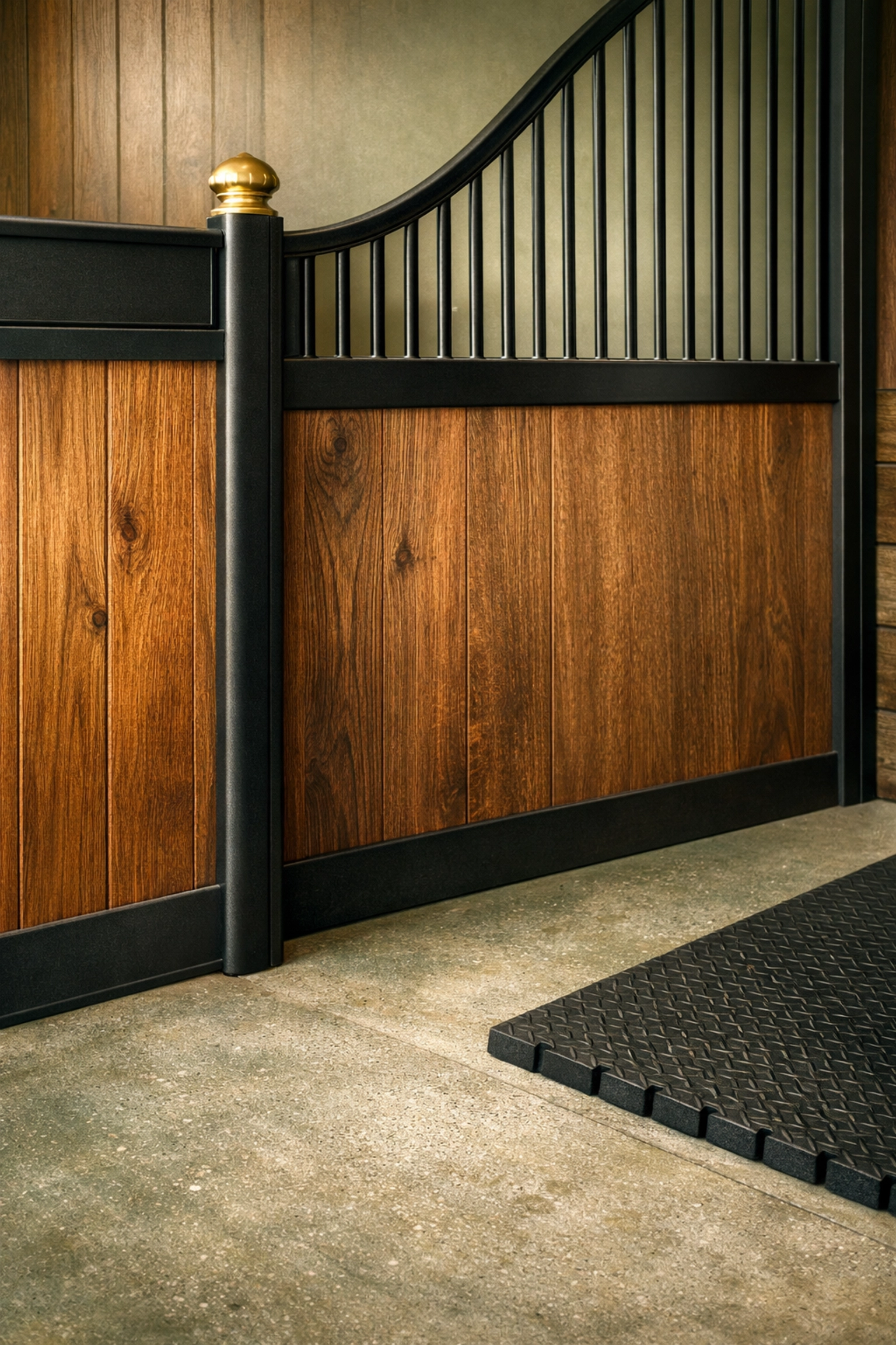 Premium stable materials featuring hardwood walls and metal grillwork in luxury barn