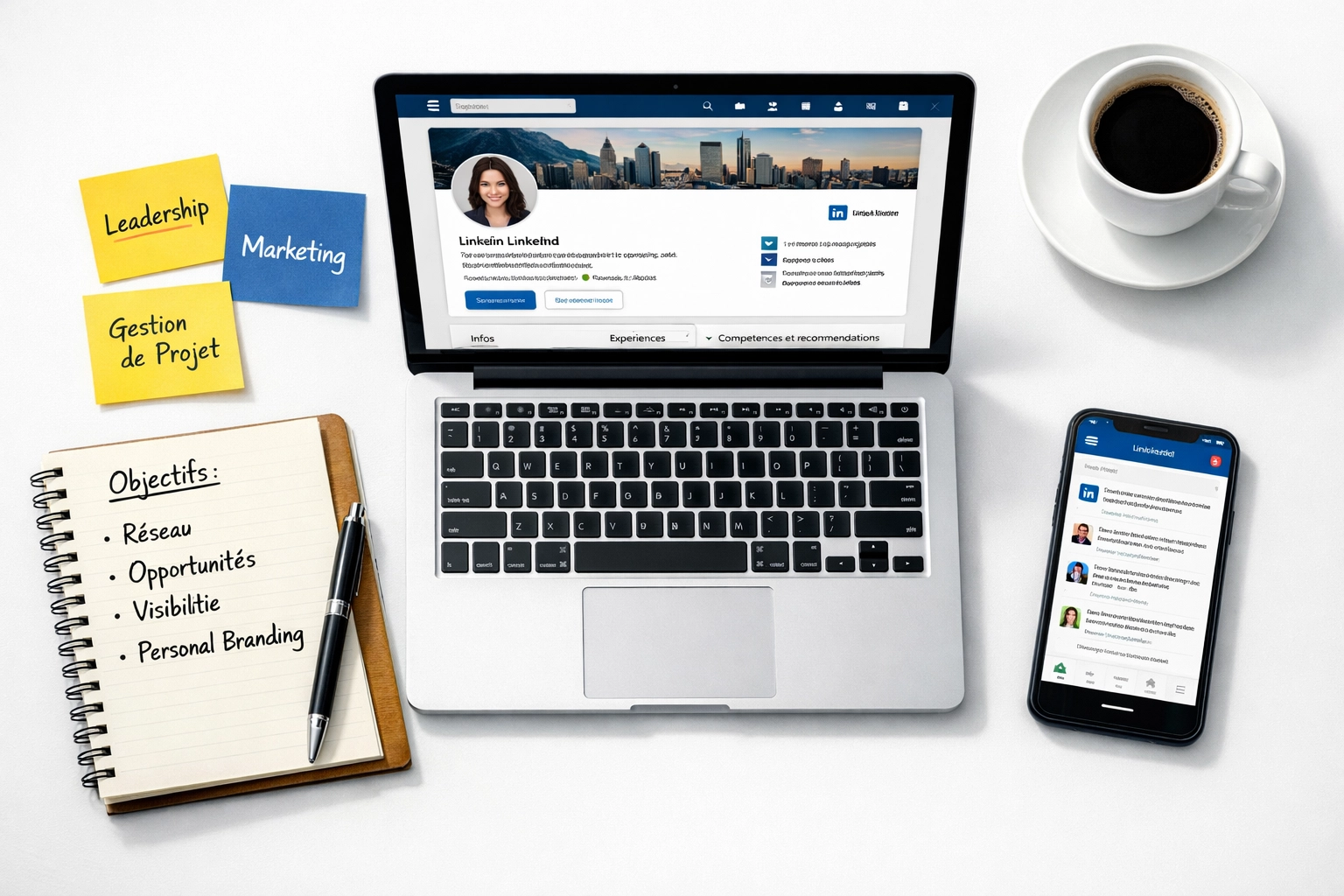 Bureau de travail avec ordinateur montrant profil LinkedIn et notes de mots-clés