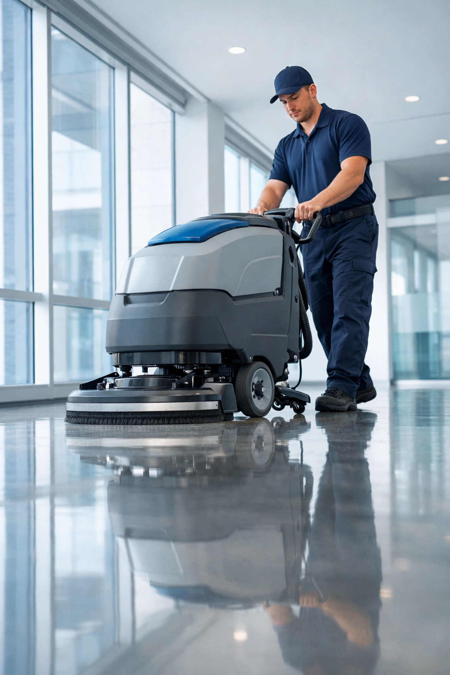Professional cleaning technician using floor scrubber during post-construction detail cleaning
