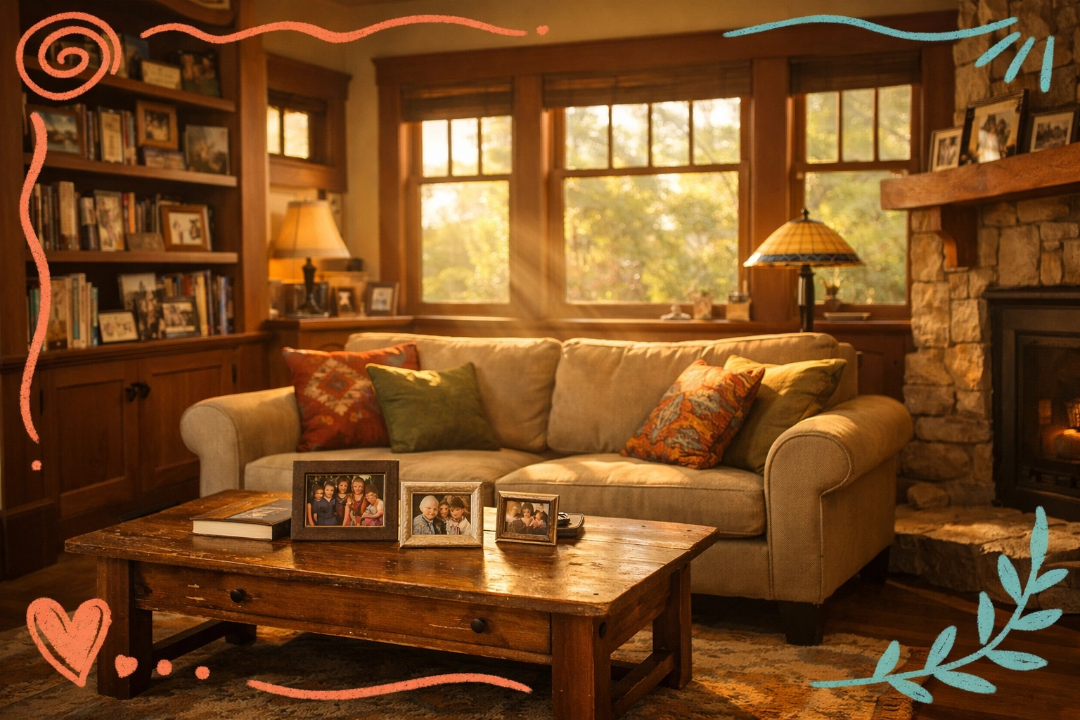 Cozy craftsman living room with family photos representing downsizing memories in Cobb County