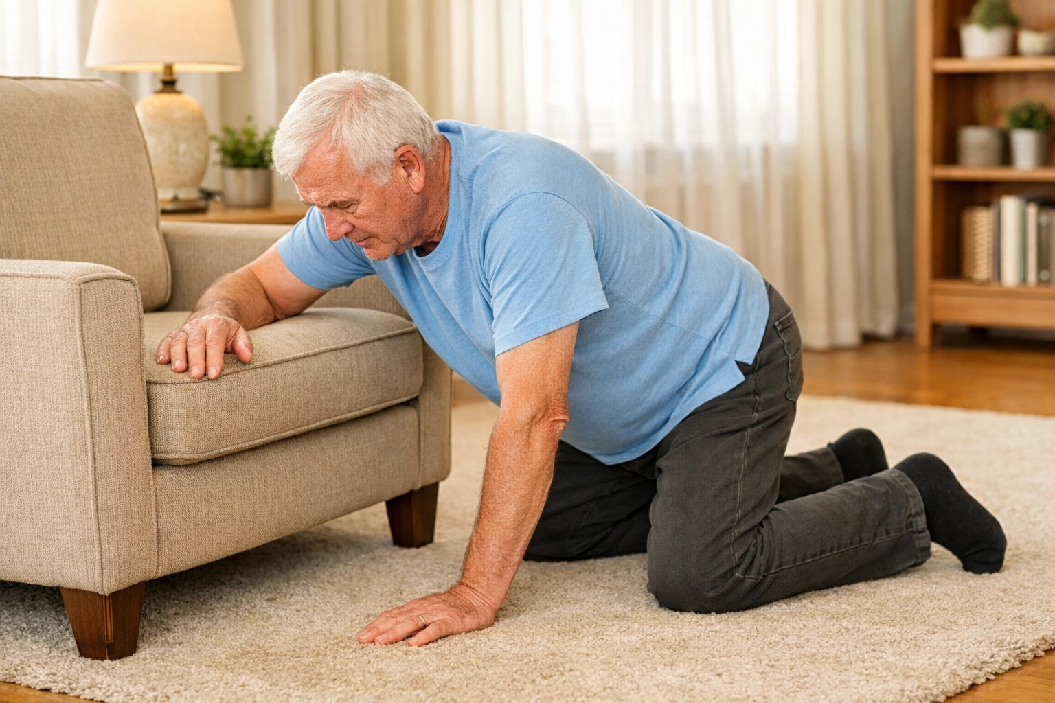 Senior man safely getting up from floor using chair and roll-and-crawl method