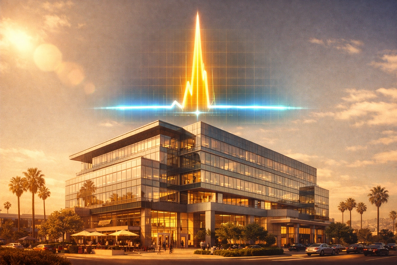 Digital visualization of an SDG&E demand charge spike over a San Diego commercial office building.