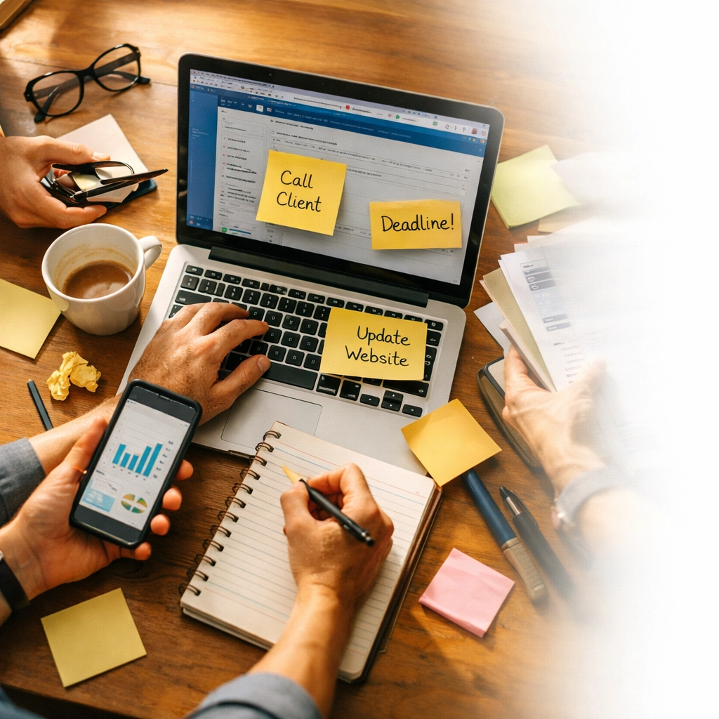 Overwhelmed entrepreneur multitasking at desk with laptop and sticky notes