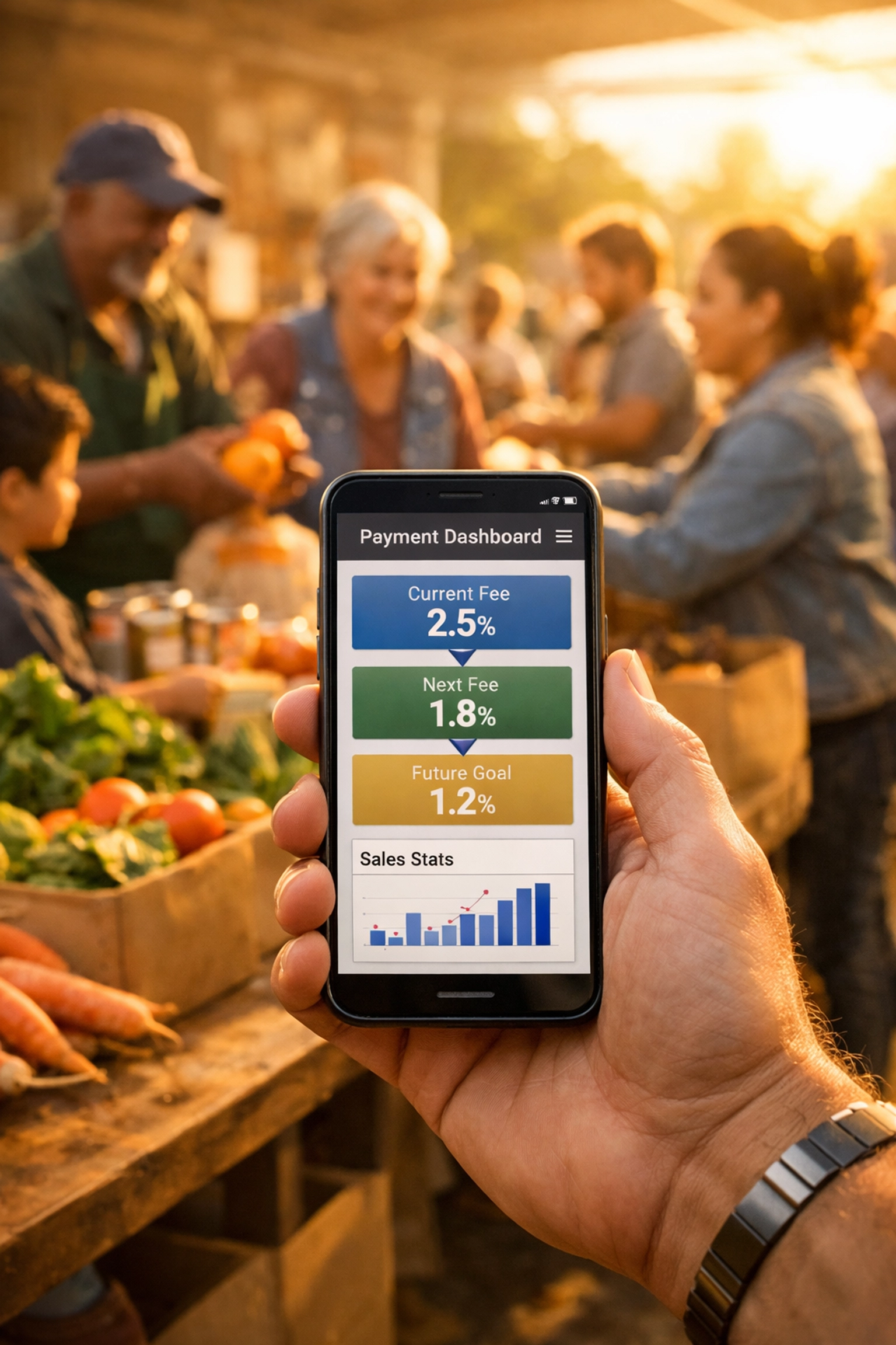 Merchant using payment dashboard showing fee reduction while supporting community food bank programs