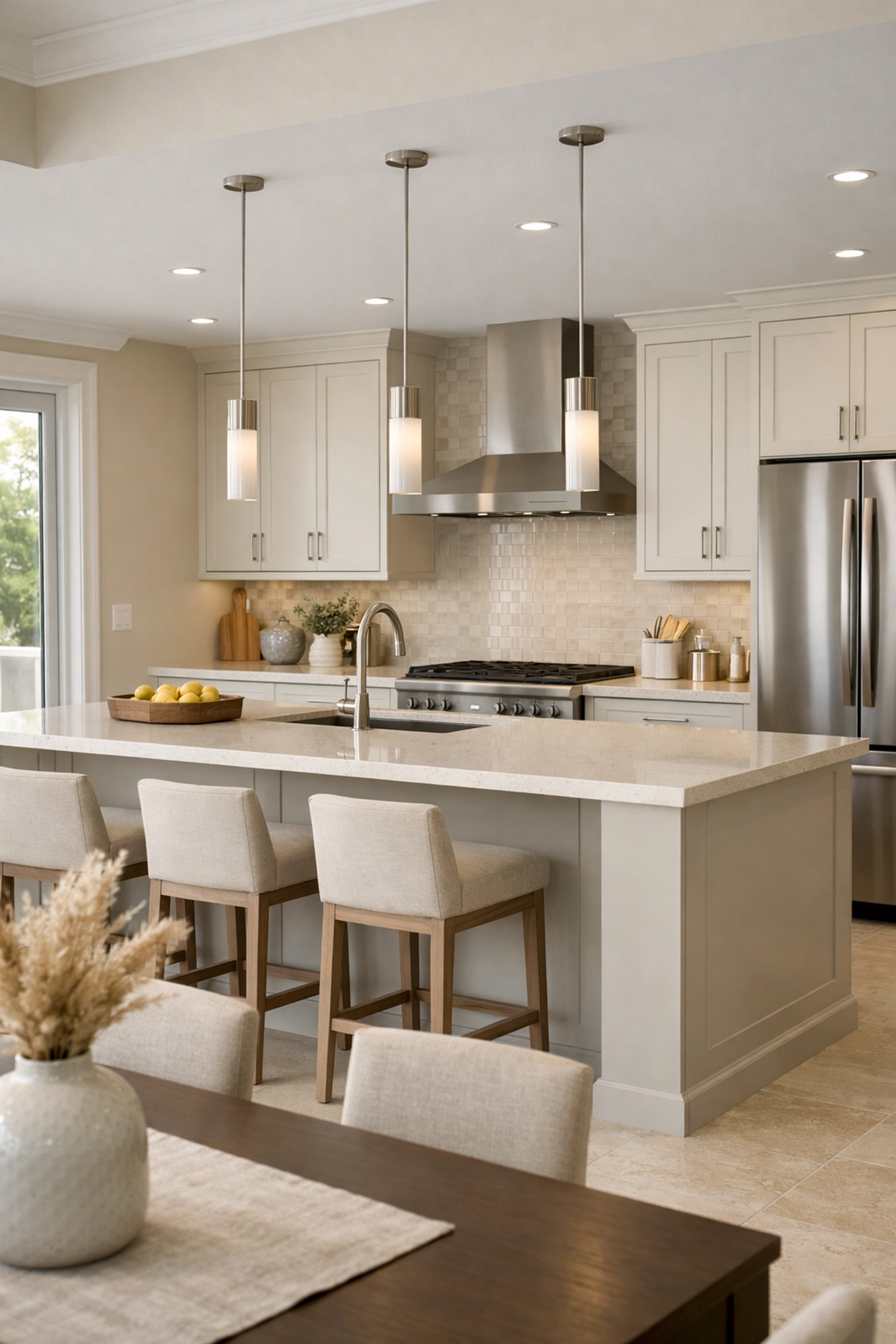 High-end kitchen remodel Venice FL with elegant quartz countertops and modern pendant lighting.