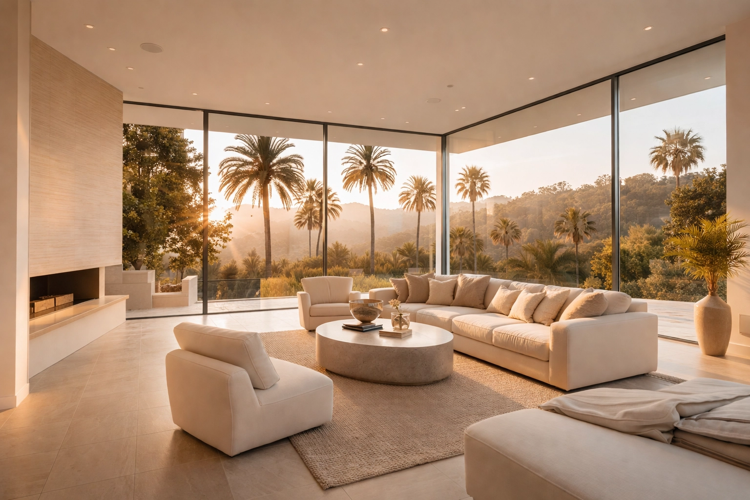 Luxury Beverly Hills living room with floor-to-ceiling smart glass windows, showcasing clear views and stylish privacy technology.