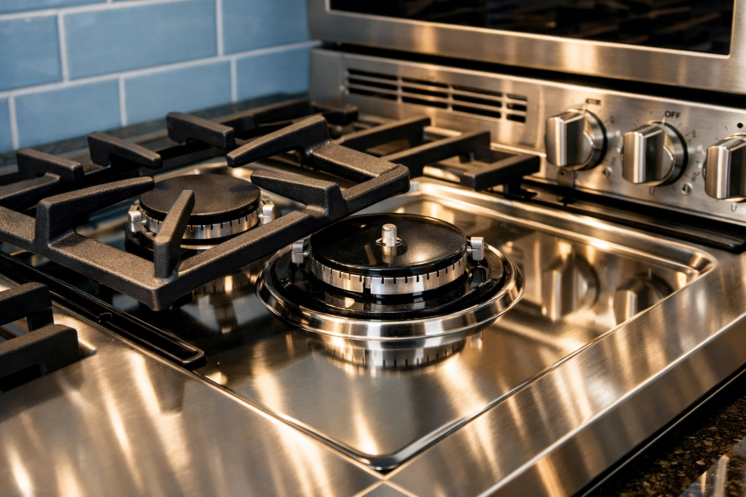 Spotless stainless steel stovetop after a professional deep kitchen cleaning in Lunenburg.