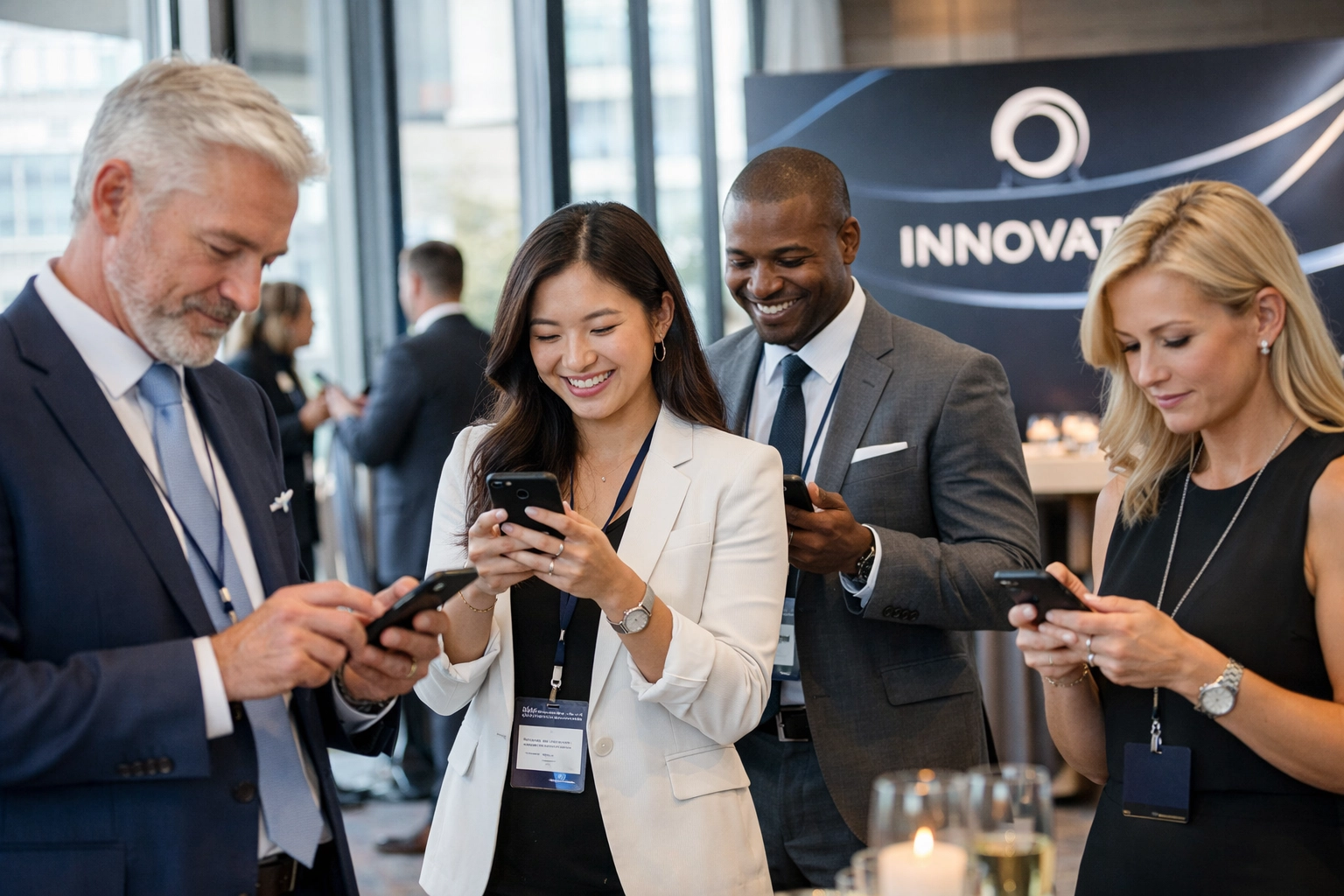 15 Super Bowl Brand Activation Ideas That Transform Passive Event Attendance Into Client Acquisition Executives sharing social media content at exclusive corporate brand activation event