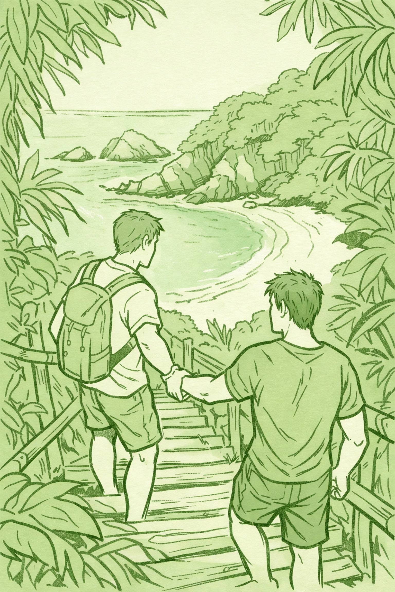 Gay travelers descending jungle path to hidden clothing-optional cove beach in Phuket Thailand