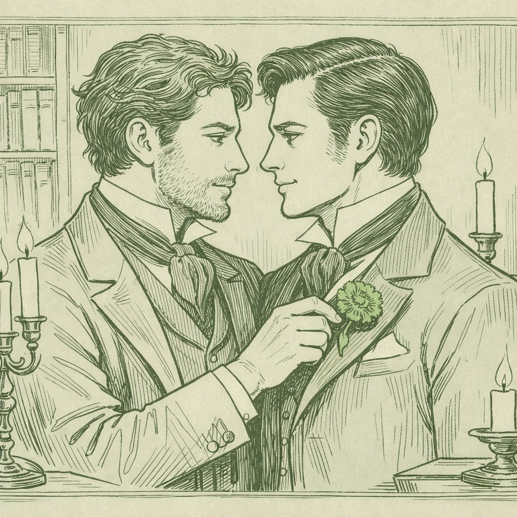 Victorian gentleman pinning green carnation symbol on lover's lapel in library