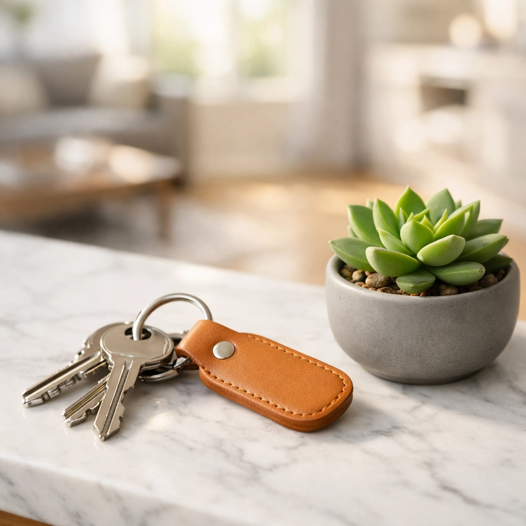 Apartment keys on a clean marble counter in a move-in ready unit after professional turnover.