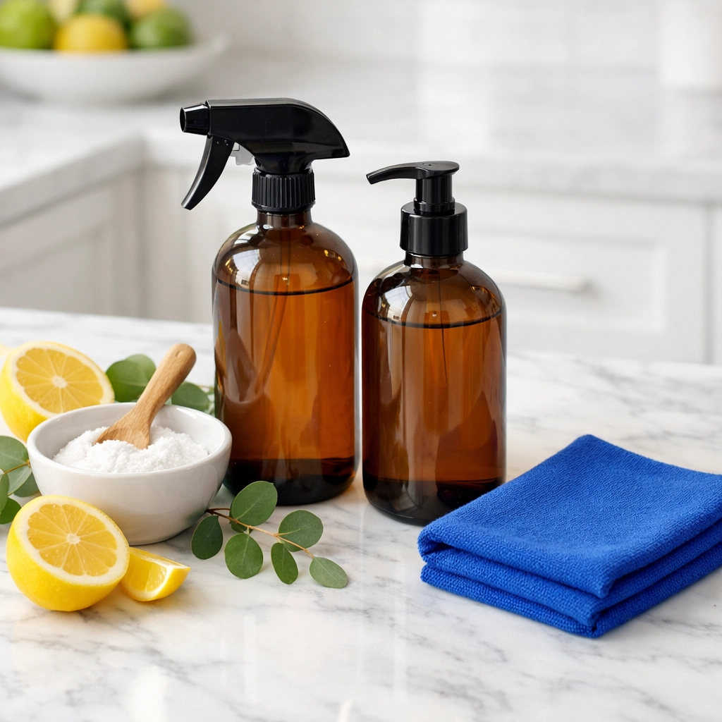 Natural ingredients and spray bottles for eco-friendly house cleaning in Leominster MA.