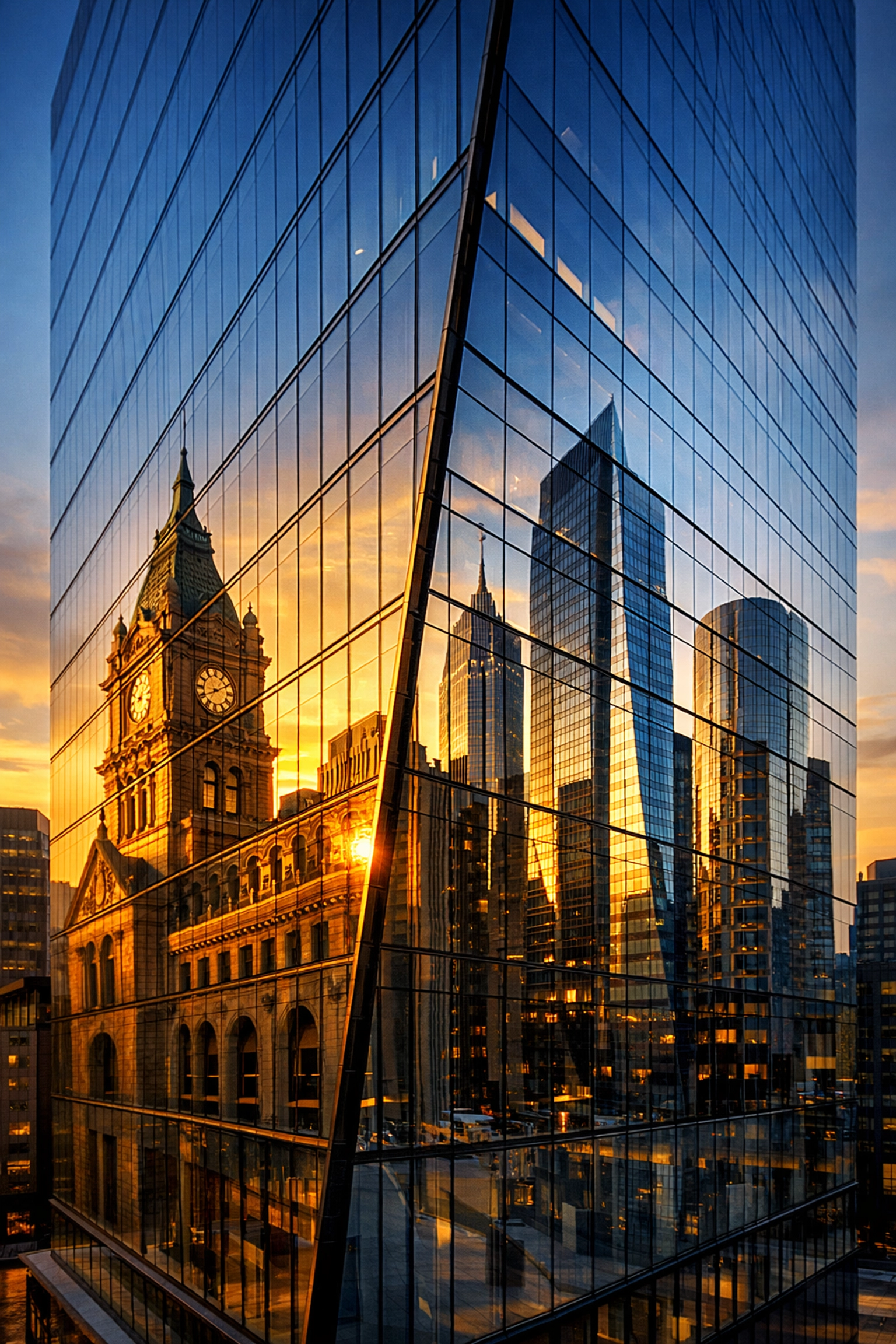 Modern glass building reflecting traditional architecture symbolizing blended investment strategies