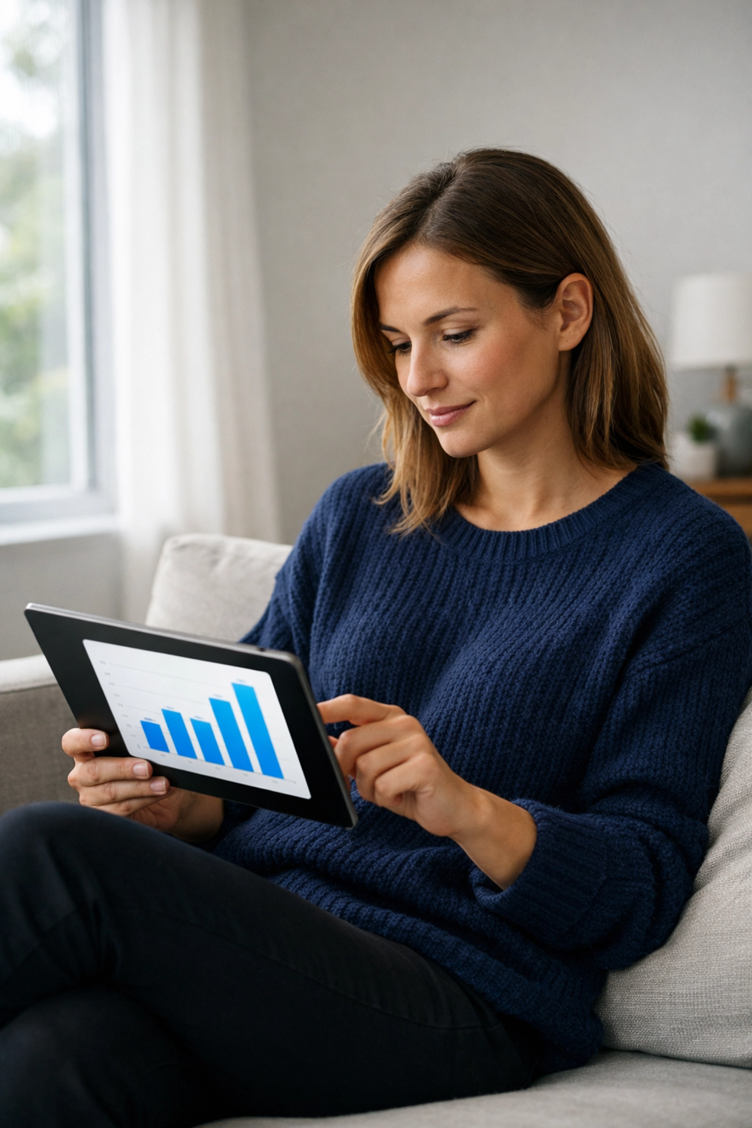 Monitoring credit utilization and financial progress on a digital tablet at home.