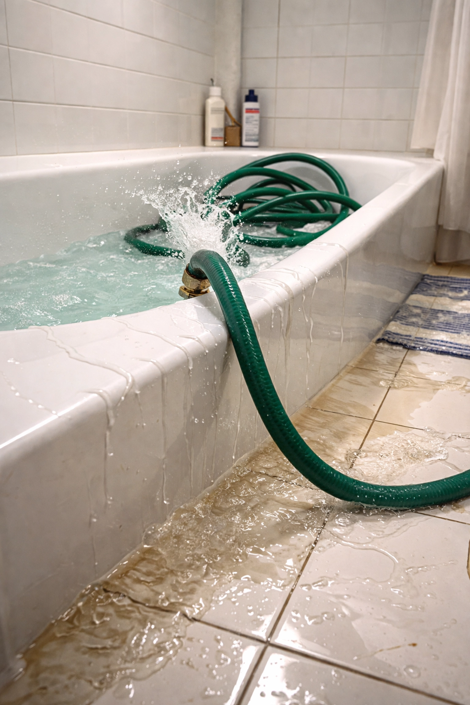 Flooded bathroom floor from a garden hose mishap in a bathtub, showing DIY drain cleaning gone wrong in Cleveland, TN.