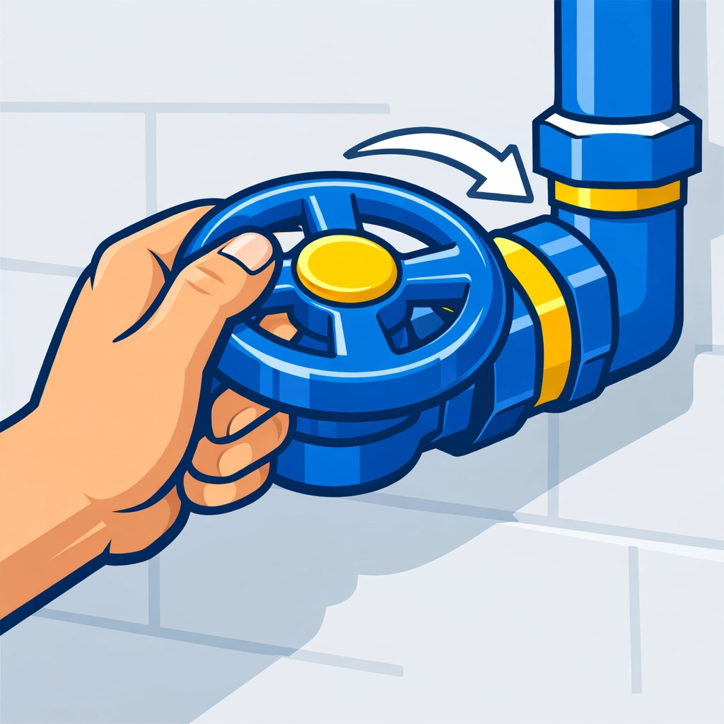 Homeowner turning main water shut-off valve clockwise to stop pipe burst damage