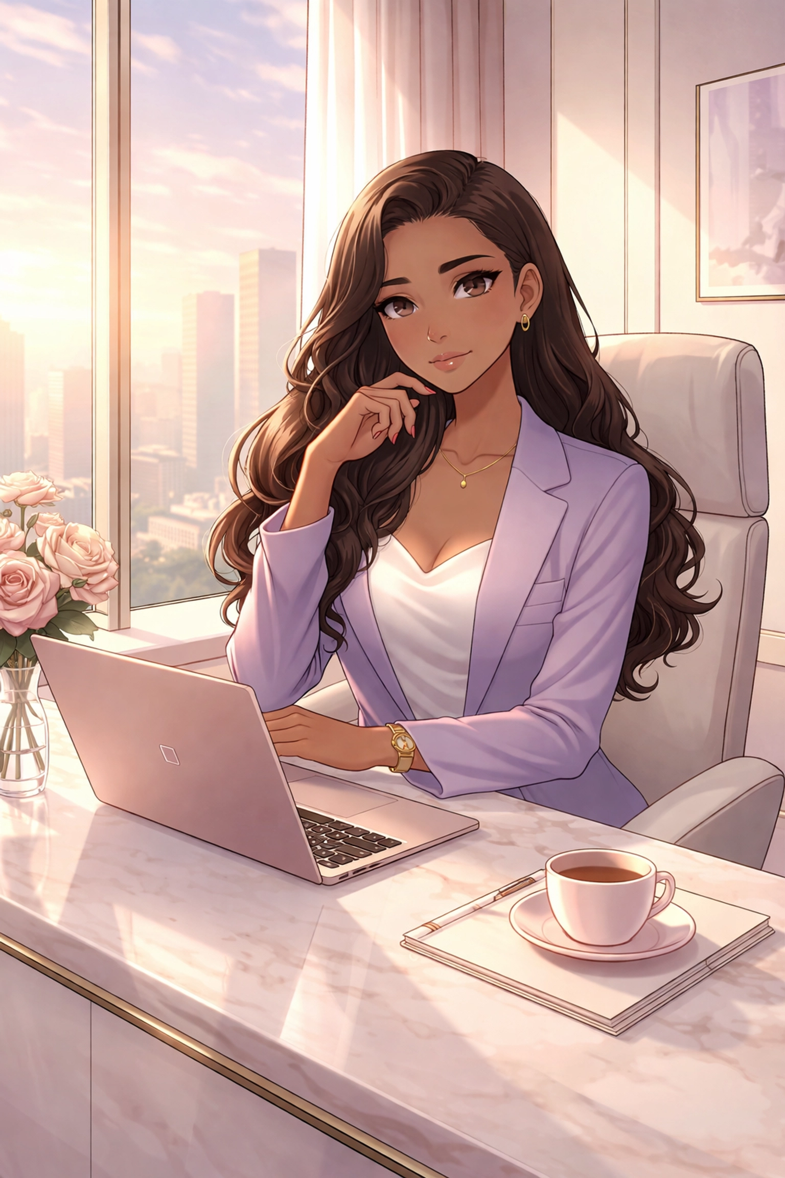 Professional female executive with perfect nano brows at her modern office desk, embodying time-saving beauty for busy leaders