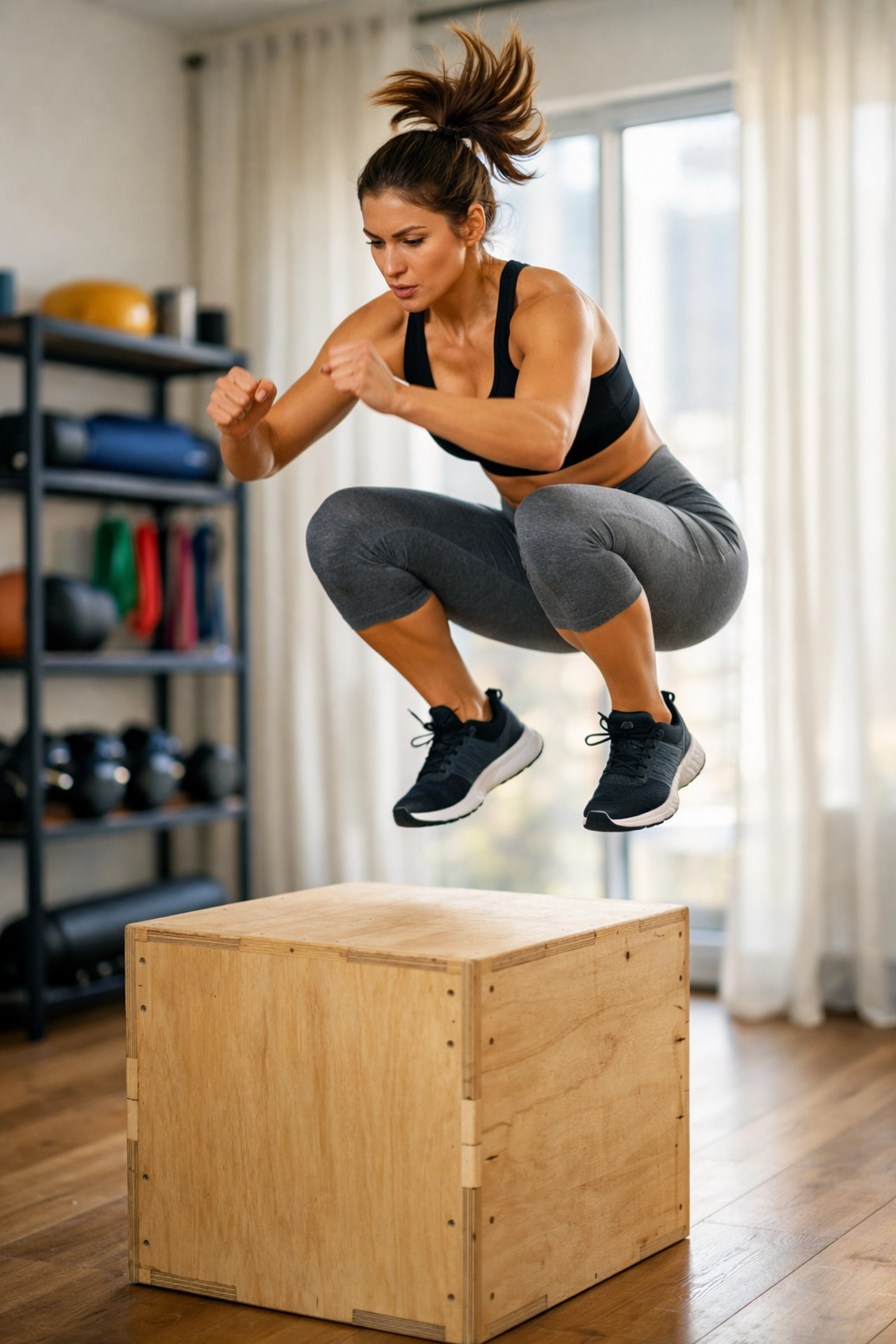 Woman performing box jump on plyometric box in home gym apartment setup