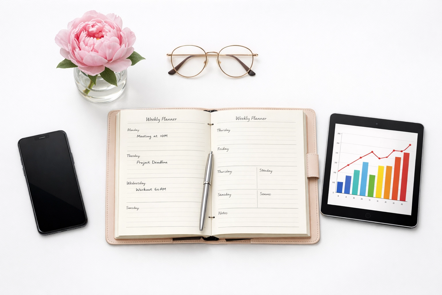 An organized desk with a planner and smartphone representing a clear social media marketing strategy.