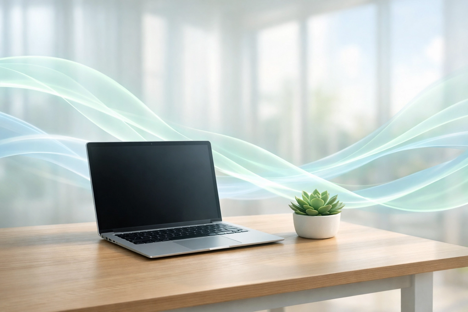 A minimalist modern workspace with flowing light representing frictionless energy movement.