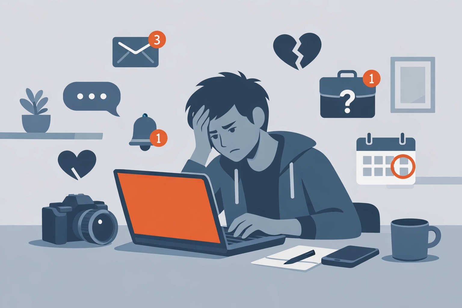 Frustrated photographer searching for gigs online with unanswered emails and social media posts