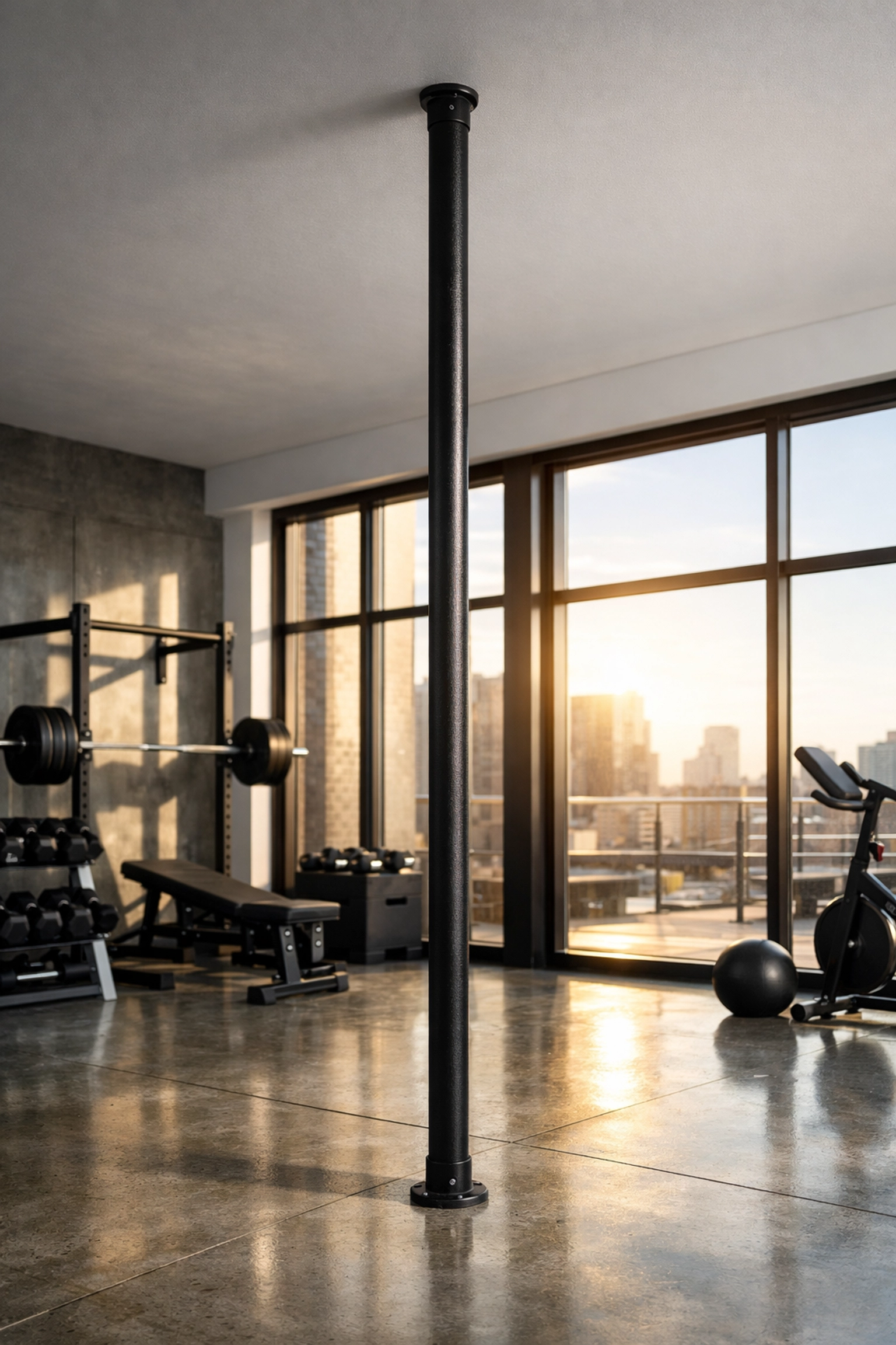 Sleek floor to ceiling gym rail for a professional no wall damage workout system at home.