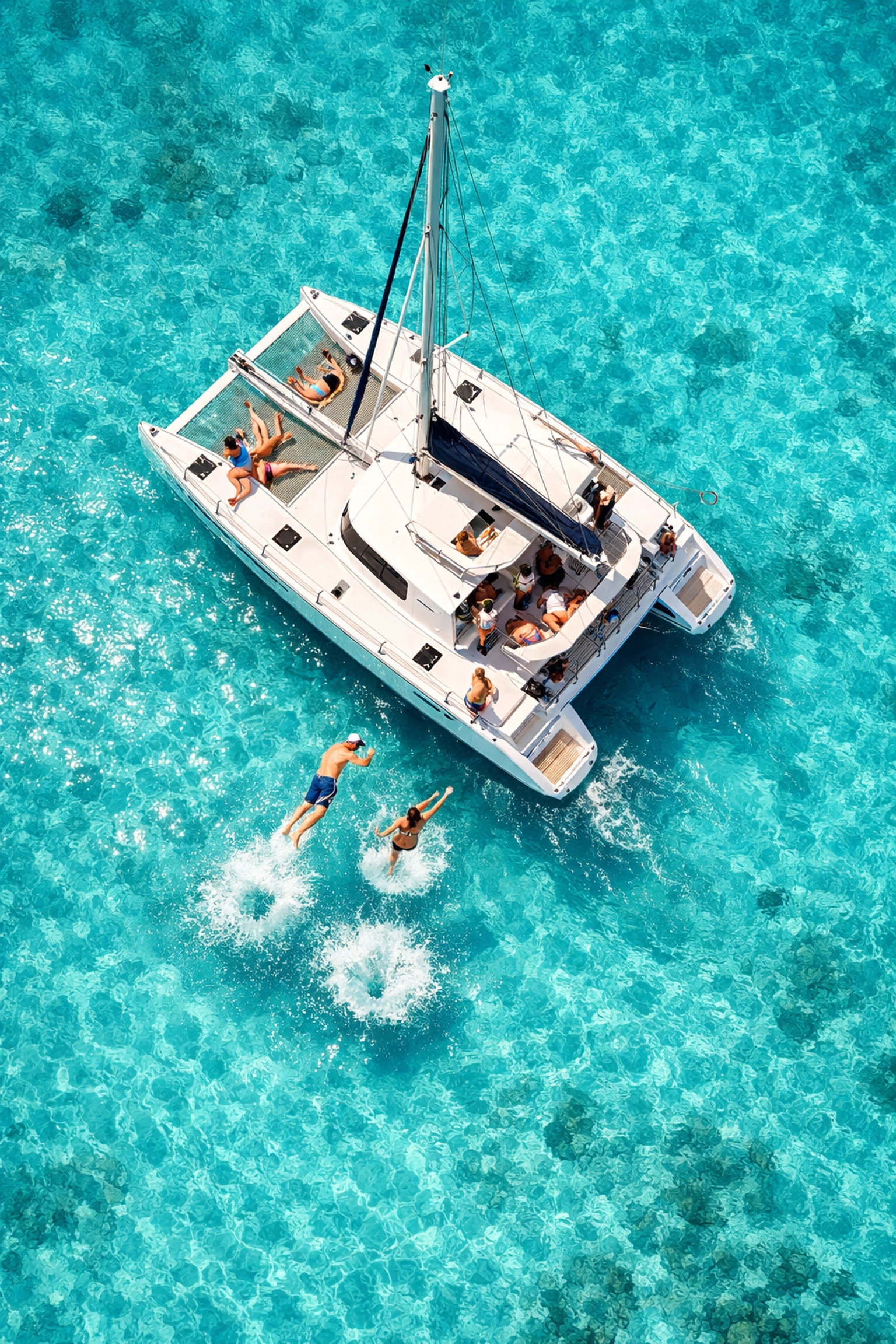 Aerial view of a private catamaran excursion in clear water, part of custom group cruise packages.