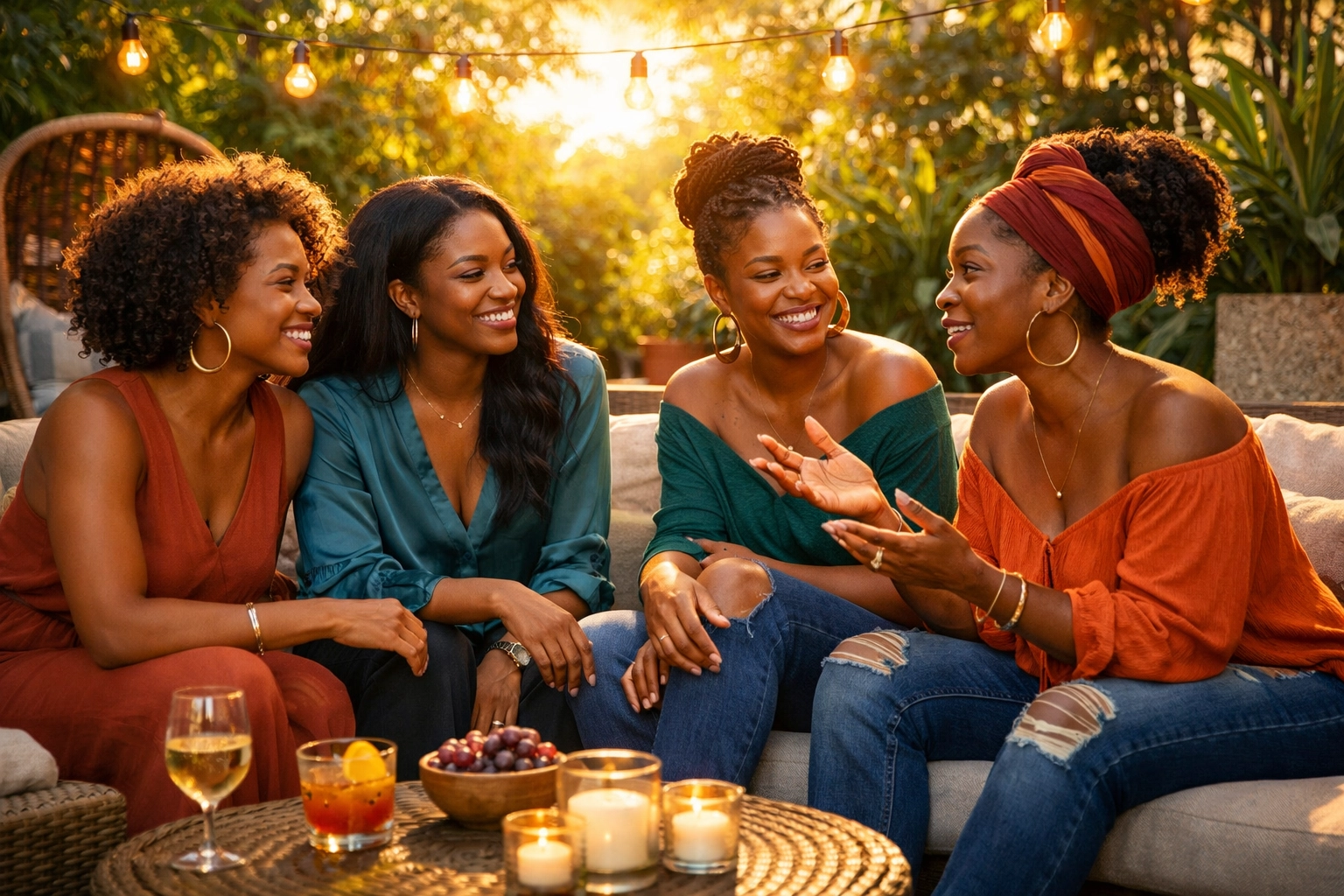 A group of diverse Black women talking in a garden, representing sisterhood and overcoming adversity together.