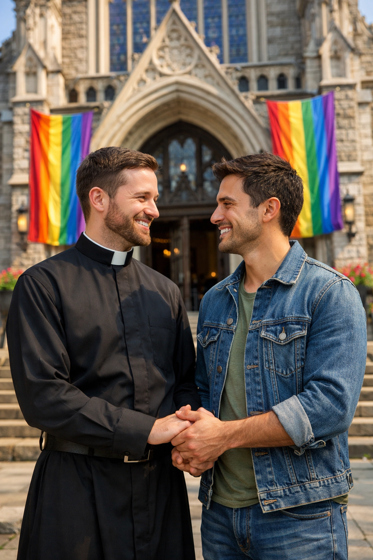 Gay couple holding hands in front of inclusive church with rainbow flags