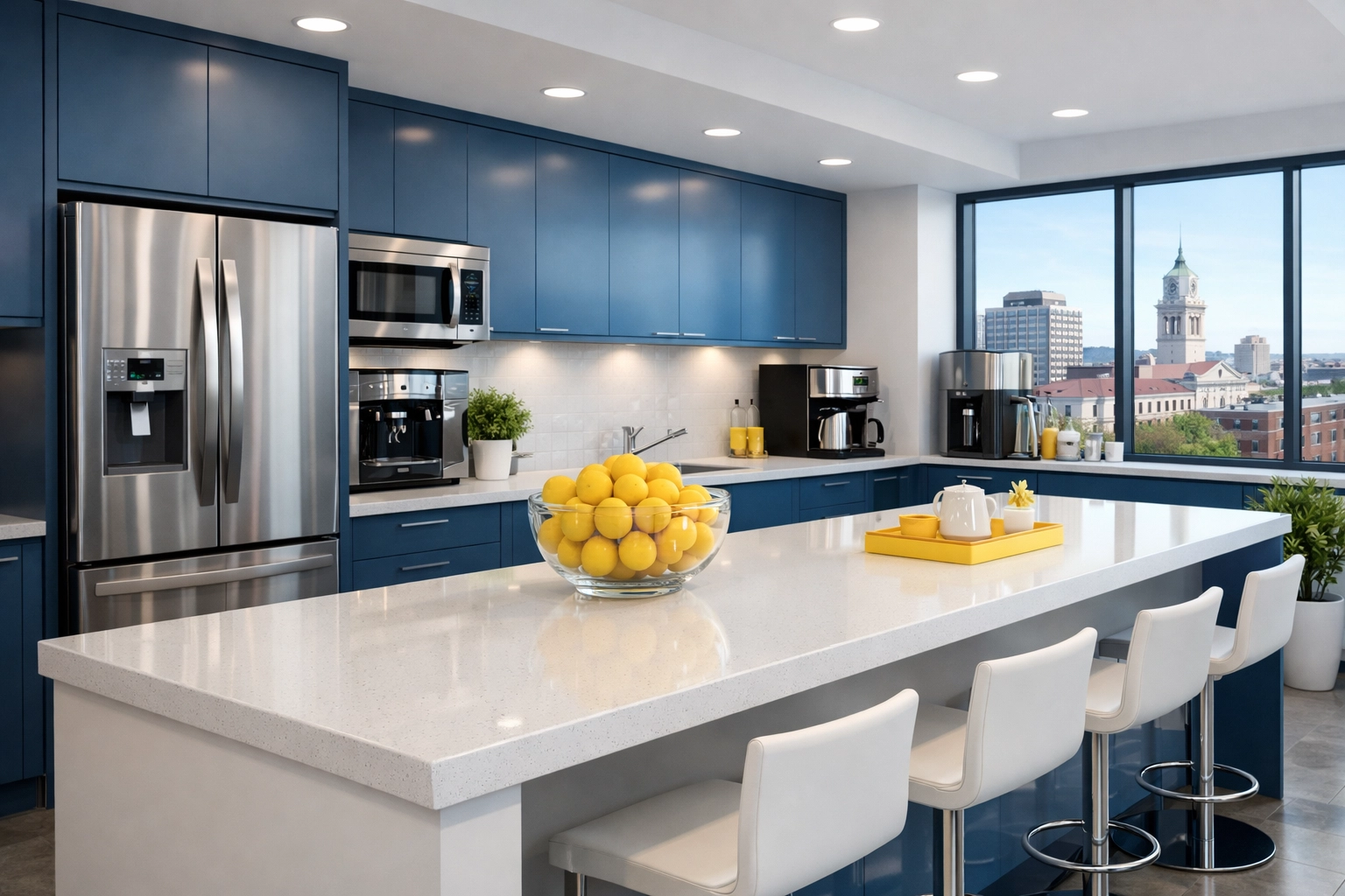 Hygienic Worcester office breakroom featuring sanitized white quartz countertops and stainless steel appliances.