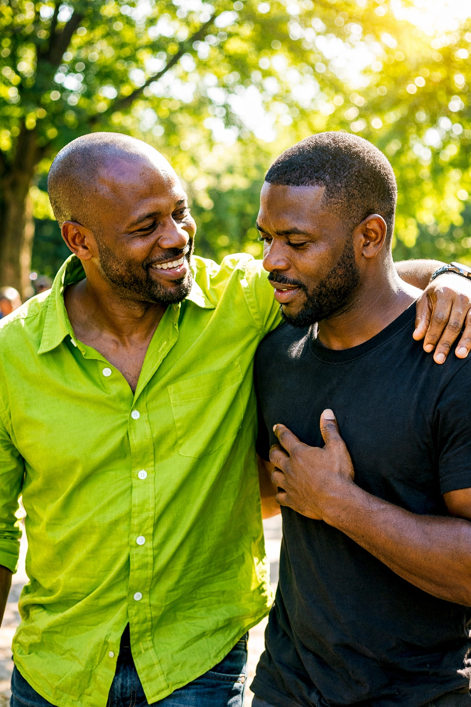 Two African men sharing a supportive conversation about mental health in a sun-drenched park.