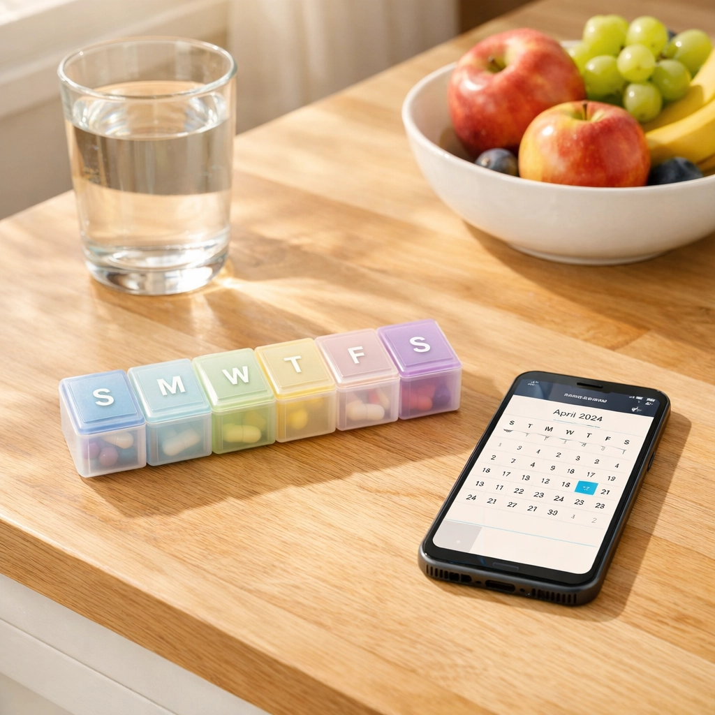 Weekly pill organizer with smartphone calendar for tracking supplement routine without burnout