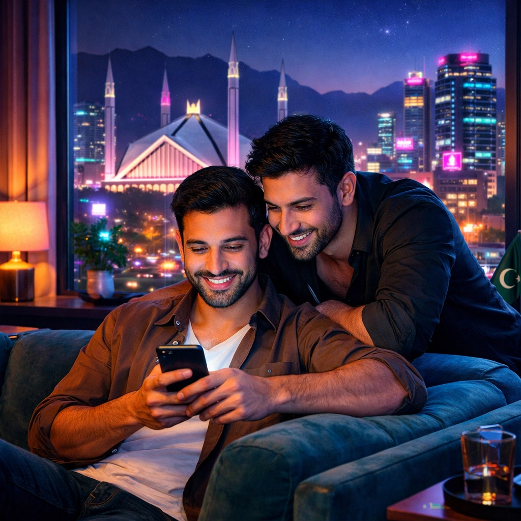 Modern gay men in an urban apartment using a phone, representing the digital shift for the LGBTQ+ community in Pakistan.