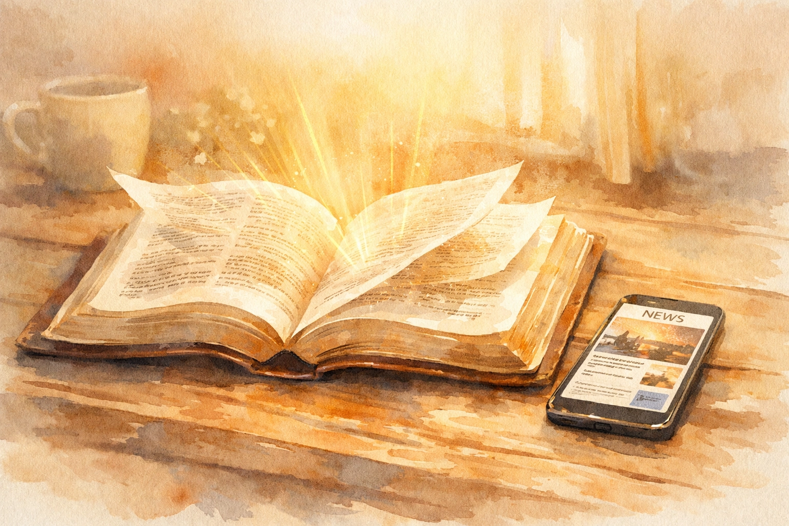 Open Bible next to smartphone displaying news app on wooden table with morning light