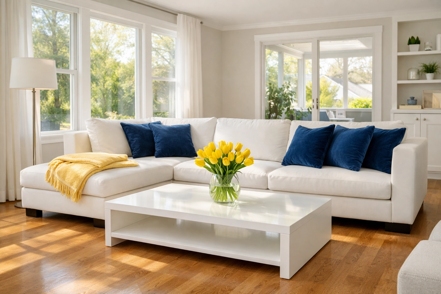 Modern Leominster living room with clean floors after a professional weekly house cleaning service.