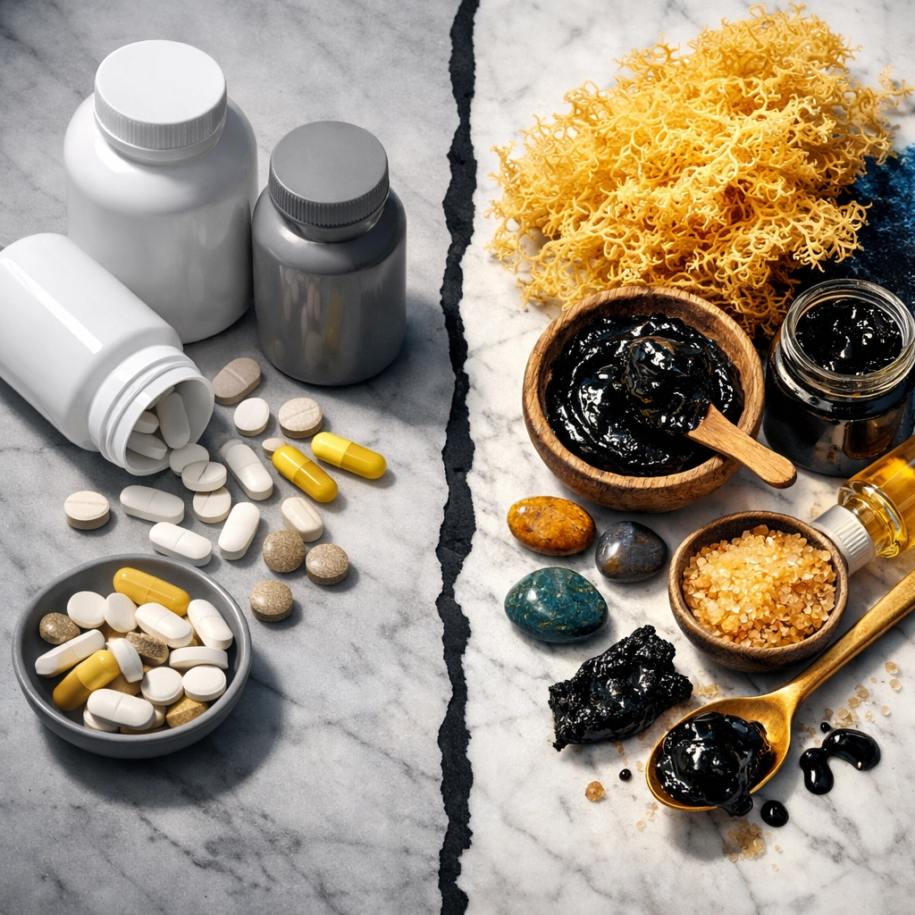 Natural sea moss and shilajit compared to synthetic vitamin supplements