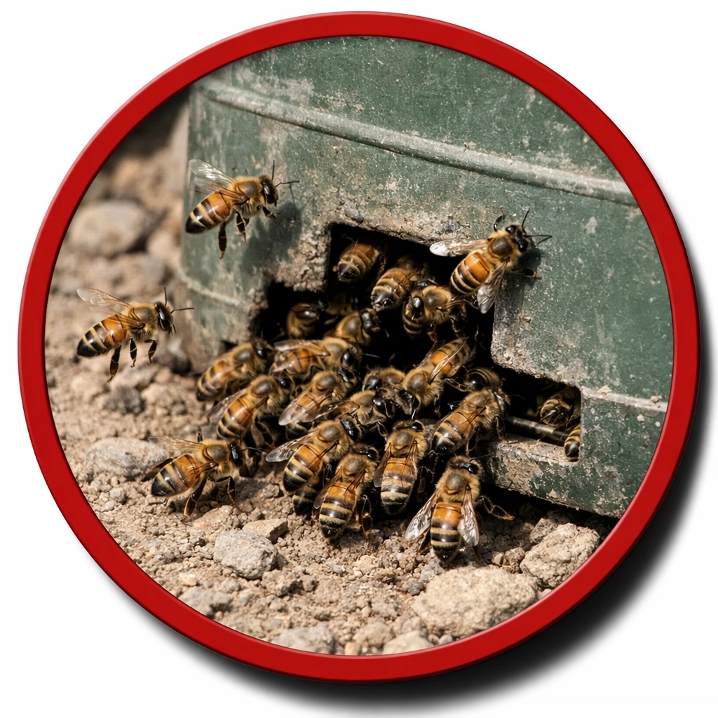 Honeybees clustering around water meter box opening, a common nesting spot in Coolidge Arizona