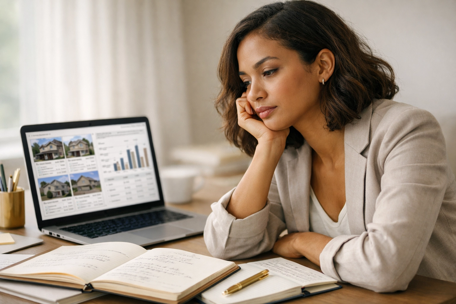 Woman reviewing real estate listings and market data while contemplating home buying decisions Woman reviewing real estate listings and market data while contemplating home buying decisions