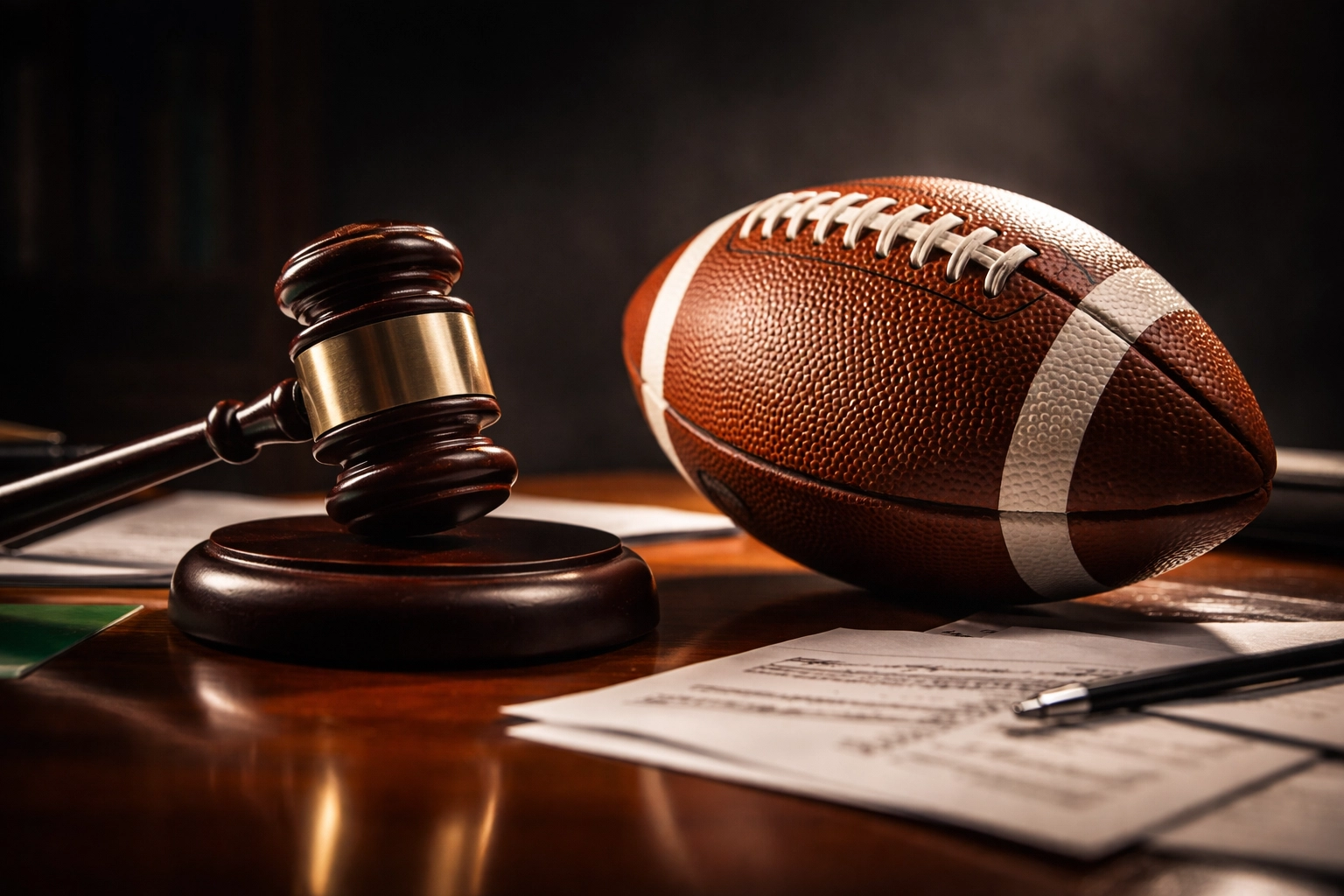 Gavel and football on desk with legal documents representing Darian Mensah's NIL contract dispute with Duke