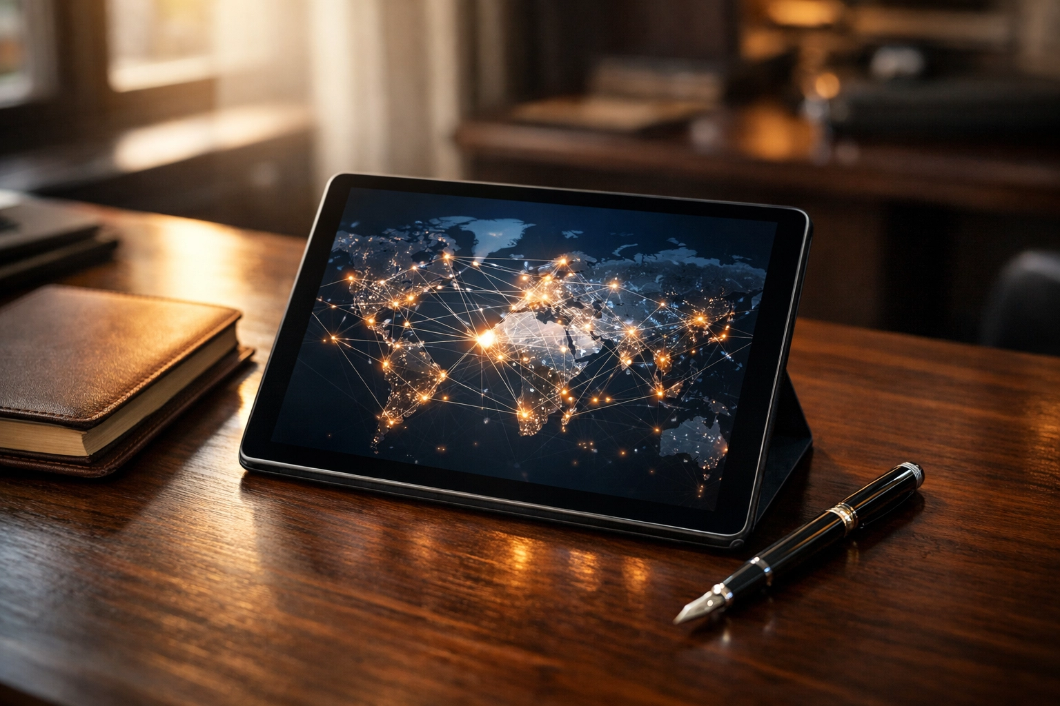 Tablet on a desk displaying a global network map for international fraud investigation and digital asset tracing.
