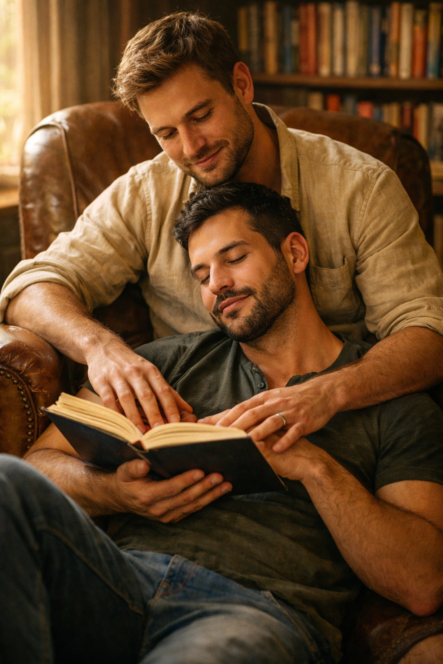 Two men sharing a quiet moment reading a gay romance book, illustrating queer healing through stories.