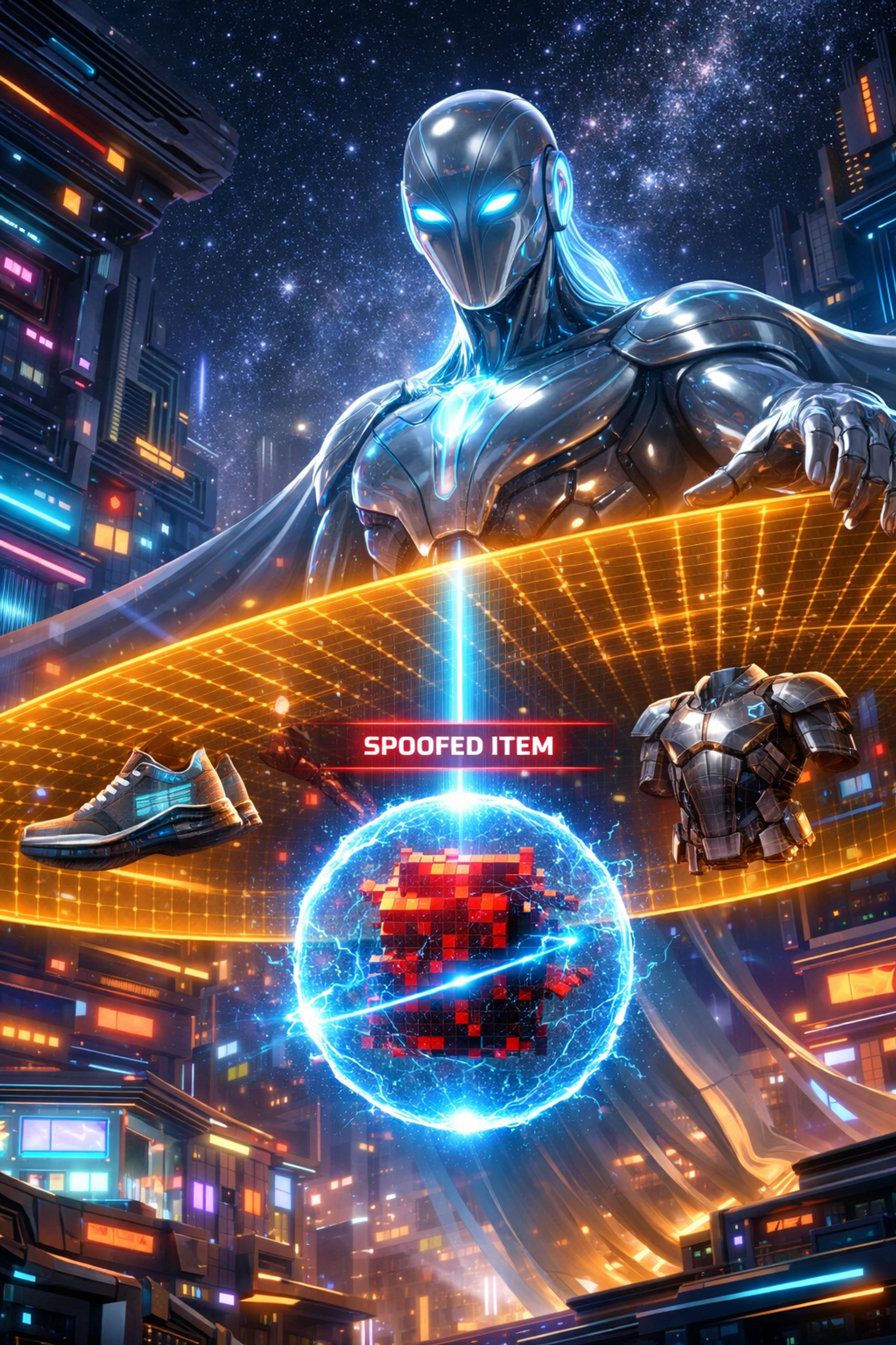 Larecoin AI security bot identifying malicious digital assets in a futuristic metaverse shopping mall.