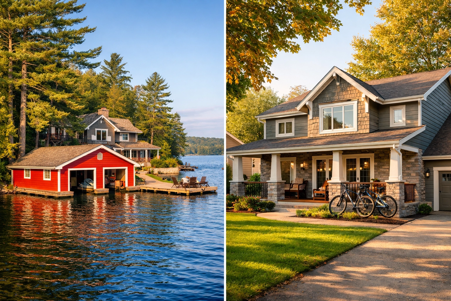 Muskoka waterfront cottage and residential home comparison showing diverse real estate options