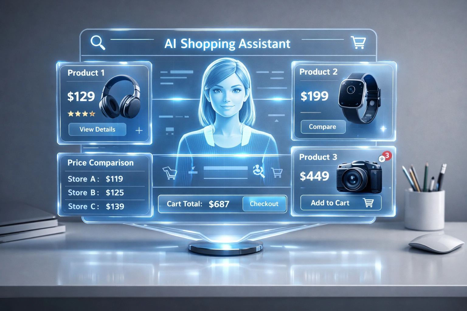AI shopping agent interface displaying product comparisons and price options for automated purchasing