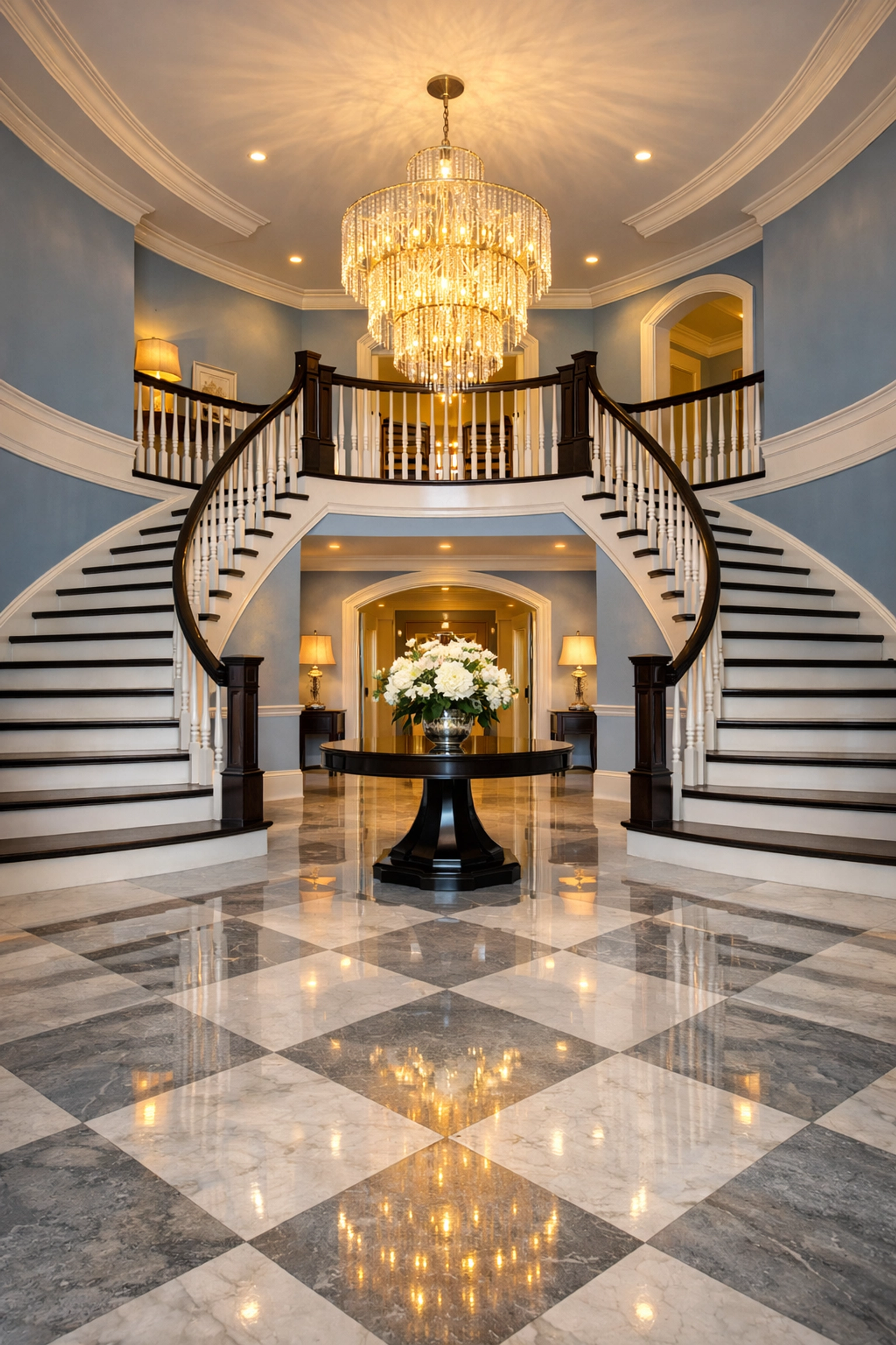 Spotless grand foyer of a Wellesley home featuring high-gloss marble floors after a luxury move-in deep clean.