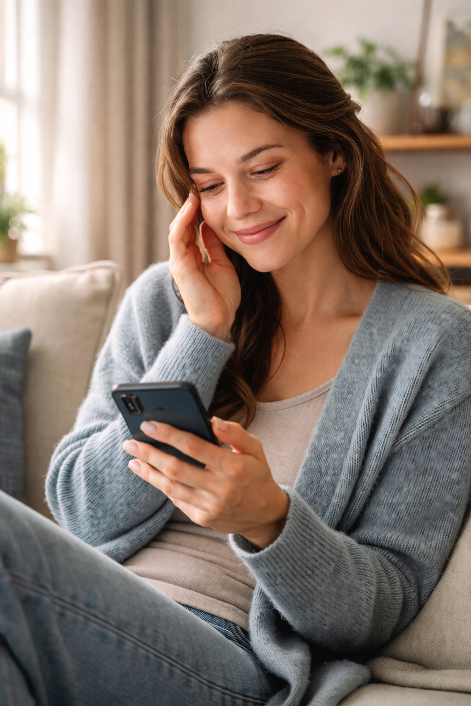Person with pink eye using their phone to chat with an online doctor for a same-day prescription