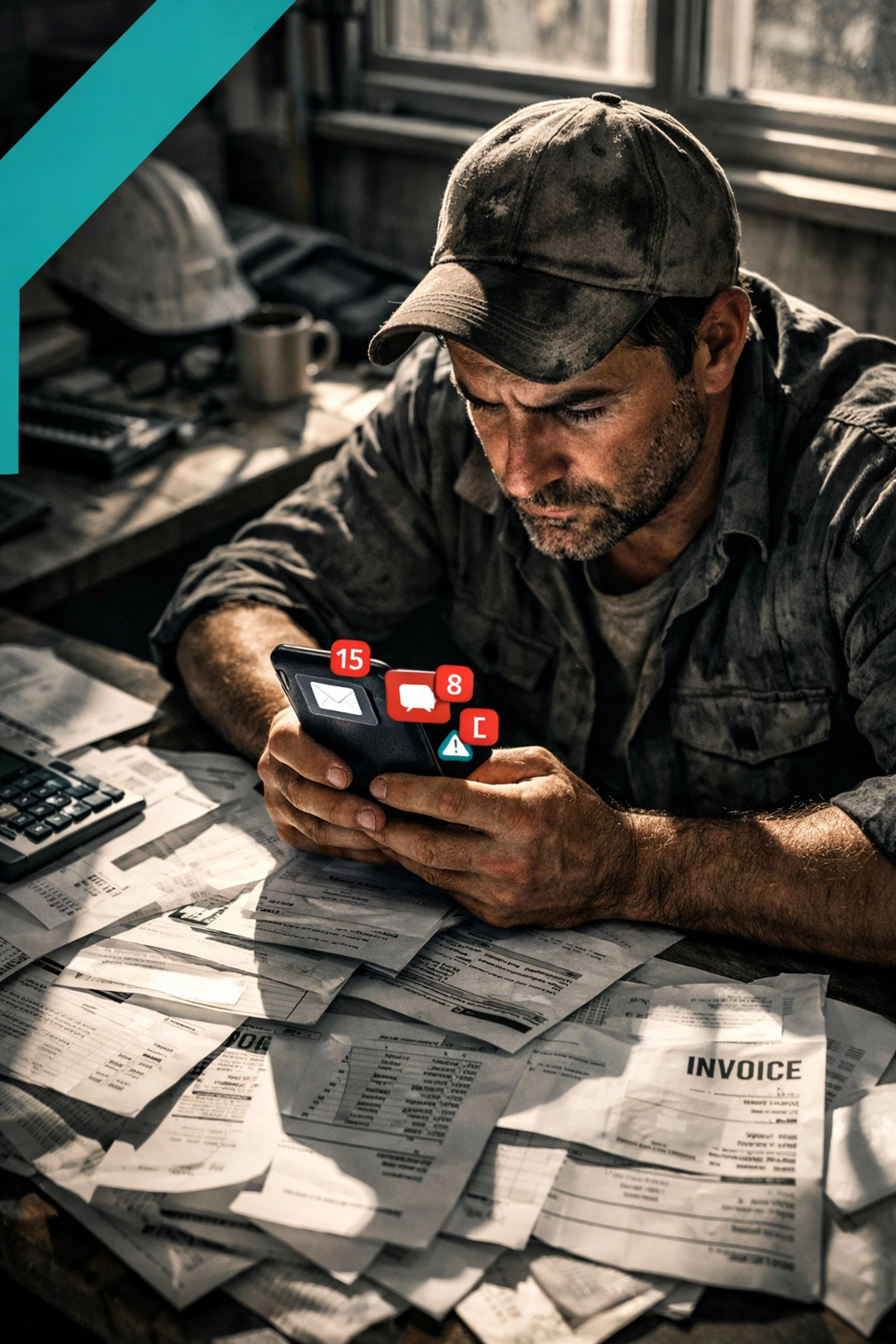 Frustrated contractor overwhelmed by lead generation platform notifications and paperwork