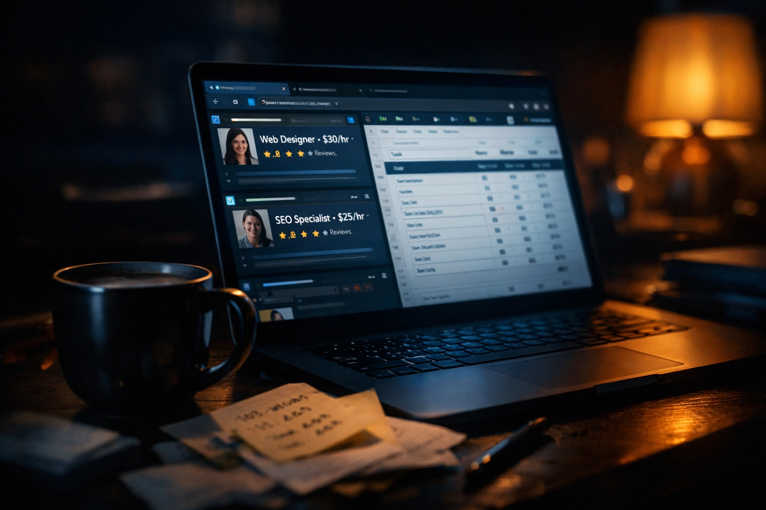 Founder researching freelance SDR pricing and profiles late at night on laptop