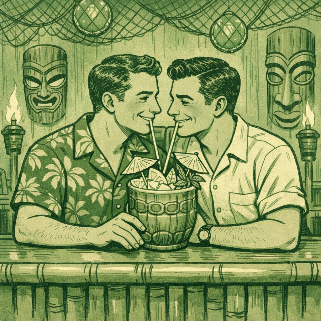 Two gay men sharing cocktails at 1950s tiki bar, mid-century queer safe haven